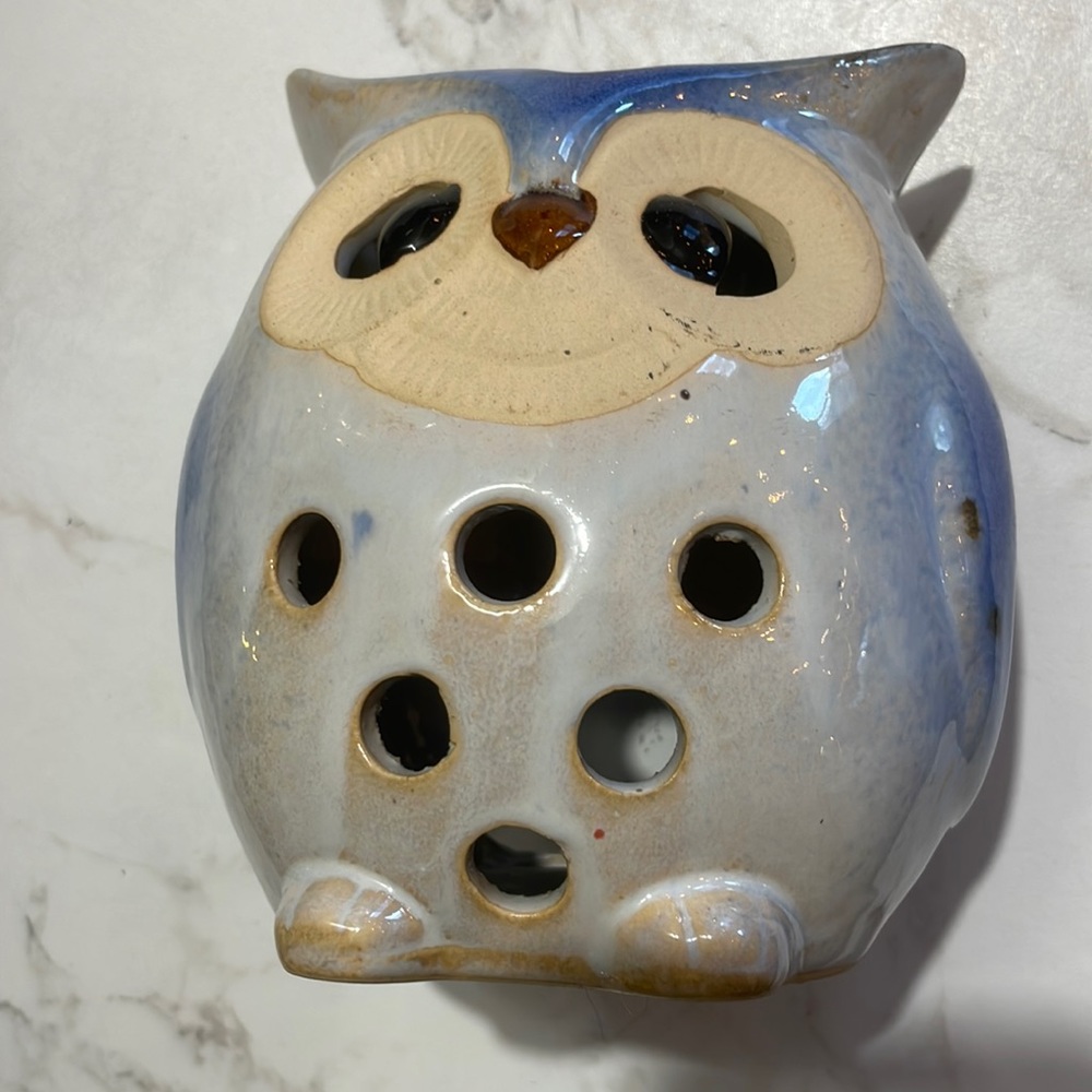 Big Glazed Ceramic blue Owl Figurine Statue Tea light Candle Holder 6 SEE